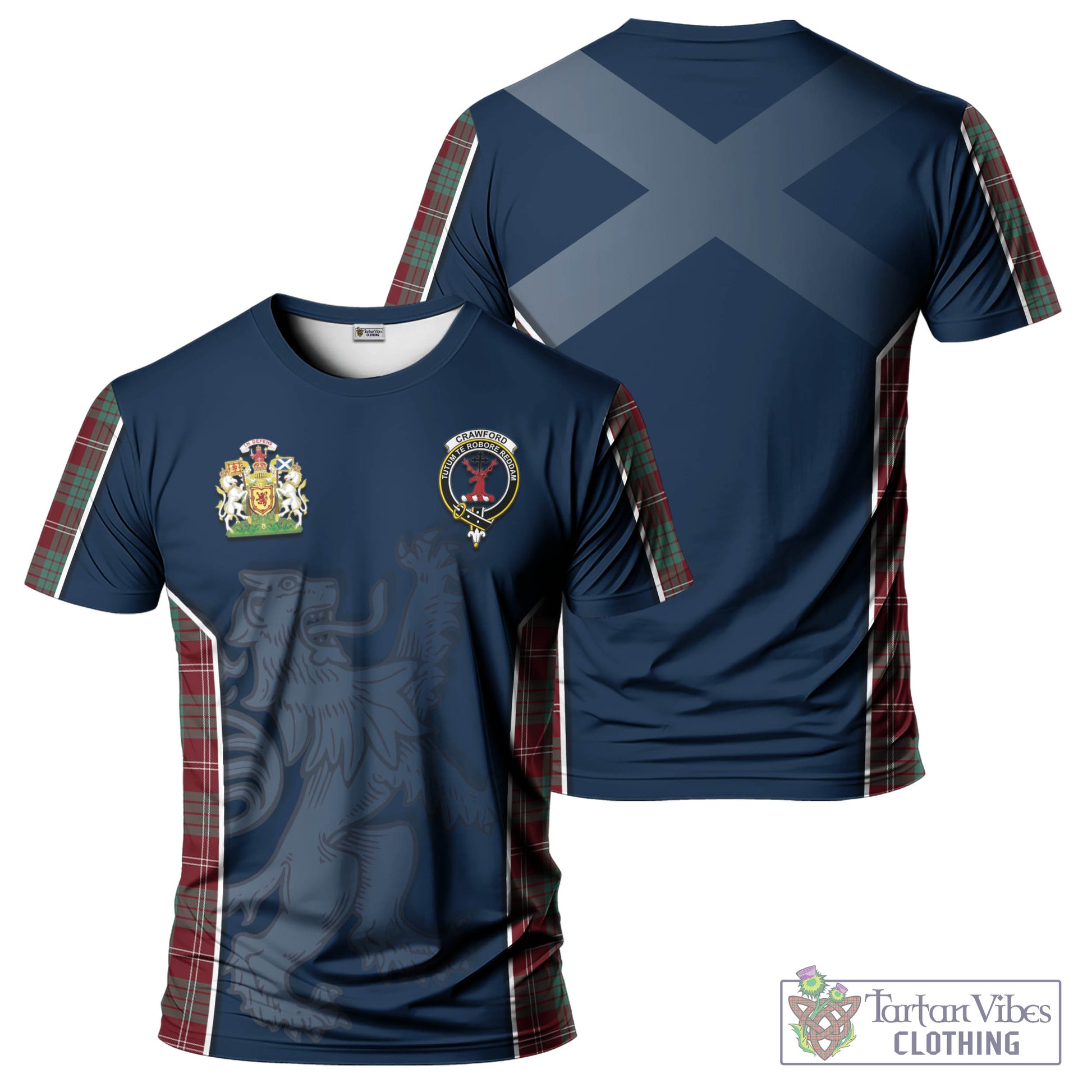 Tartan Vibes Clothing Crawford Modern Tartan T-Shirt with Family Crest and Lion Rampant Vibes Sport Style