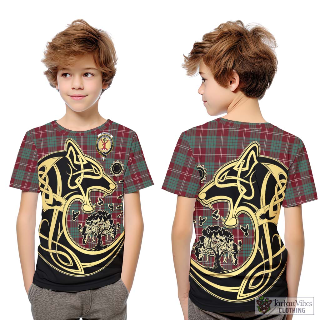 Tartan Vibes Clothing Crawford Modern Tartan Kid T-Shirt with Family Crest Celtic Wolf Style