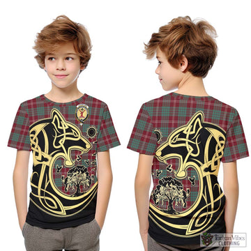 Crawford Modern Tartan Kid T-Shirt with Family Crest Celtic Wolf Style