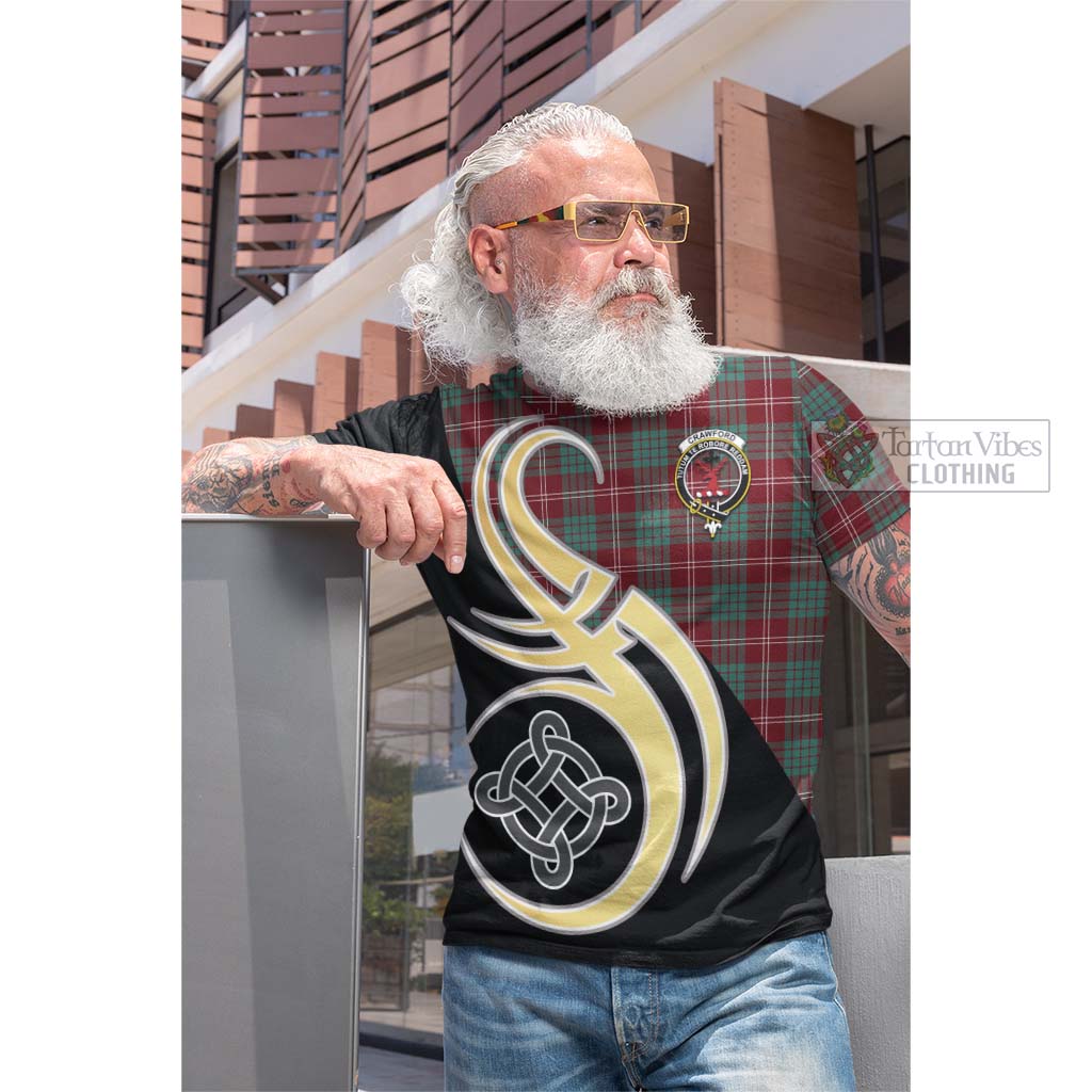 Tartan Vibes Clothing Crawford Modern Tartan Cotton T-shirt with Family Crest and Celtic Symbol Style