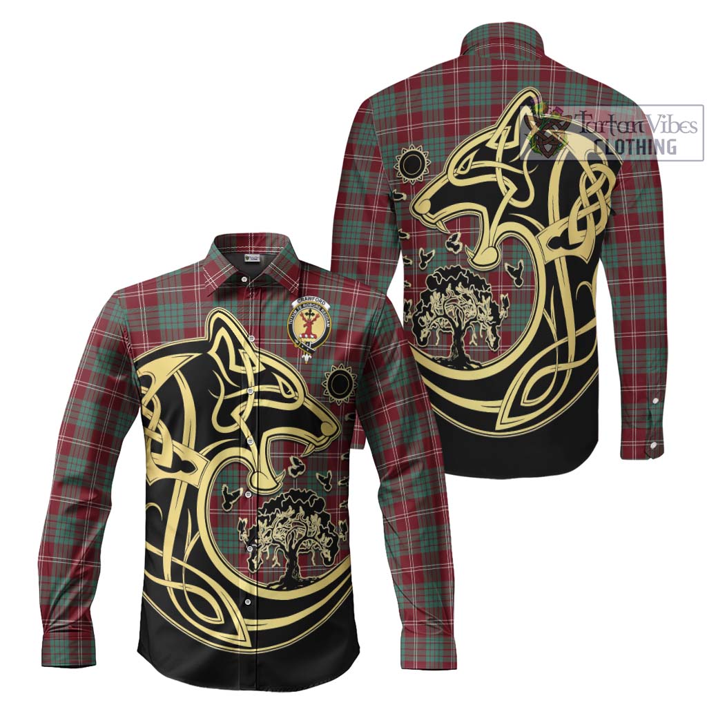 Tartan Vibes Clothing Crawford Modern Tartan Long Sleeve Button Shirt with Family Crest Celtic Wolf Style