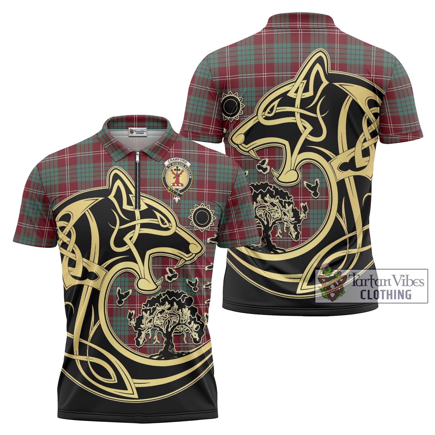 Tartan Vibes Clothing Crawford Modern Tartan Zipper Polo Shirt with Family Crest Celtic Wolf Style