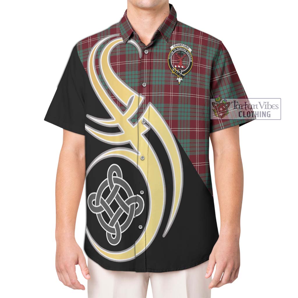 Tartan Vibes Clothing Crawford Modern Tartan Short Sleeve Button Shirt with Family Crest and Celtic Symbol Style