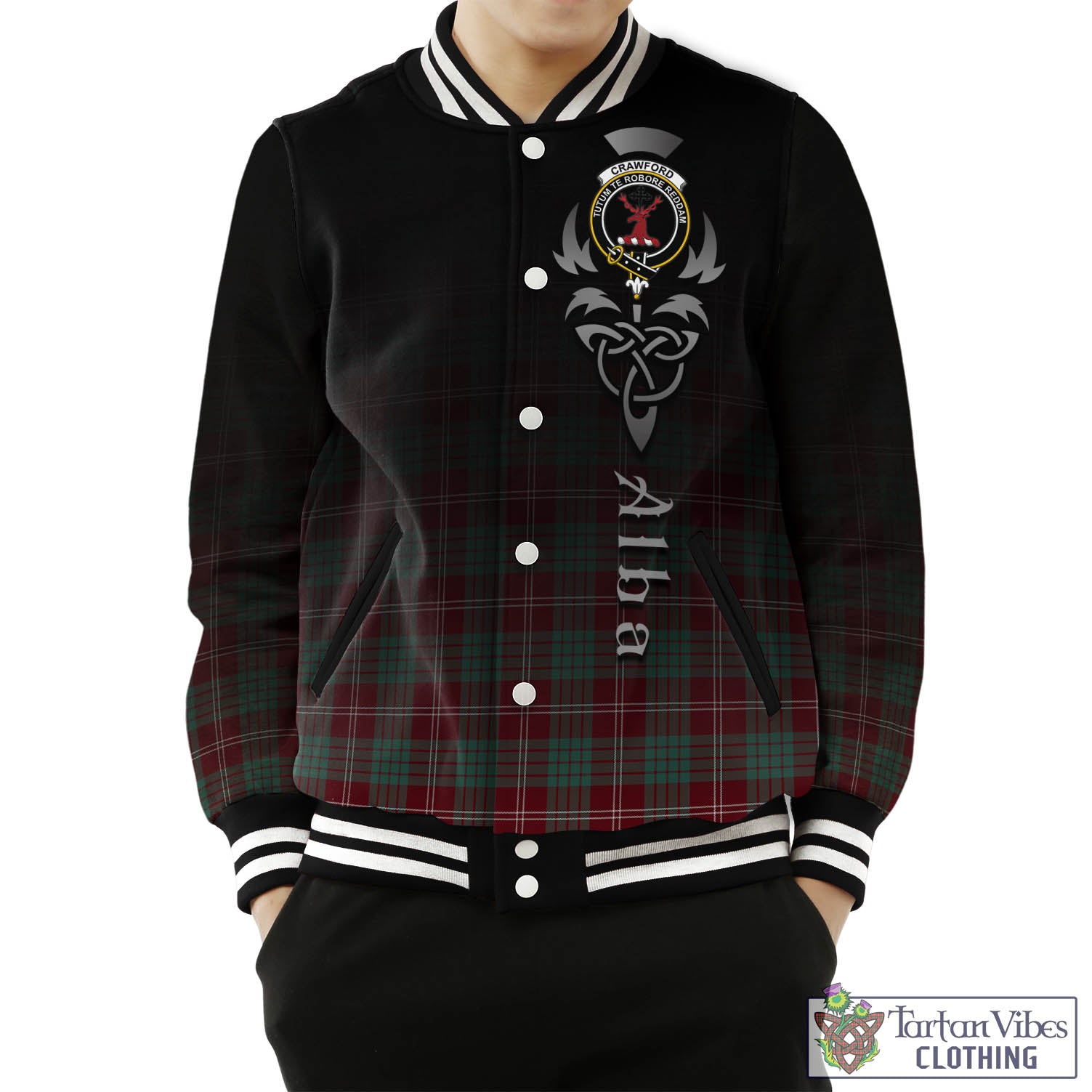 Tartan Vibes Clothing Crawford Modern Tartan Baseball Jacket Featuring Alba Gu Brath Family Crest Celtic Inspired