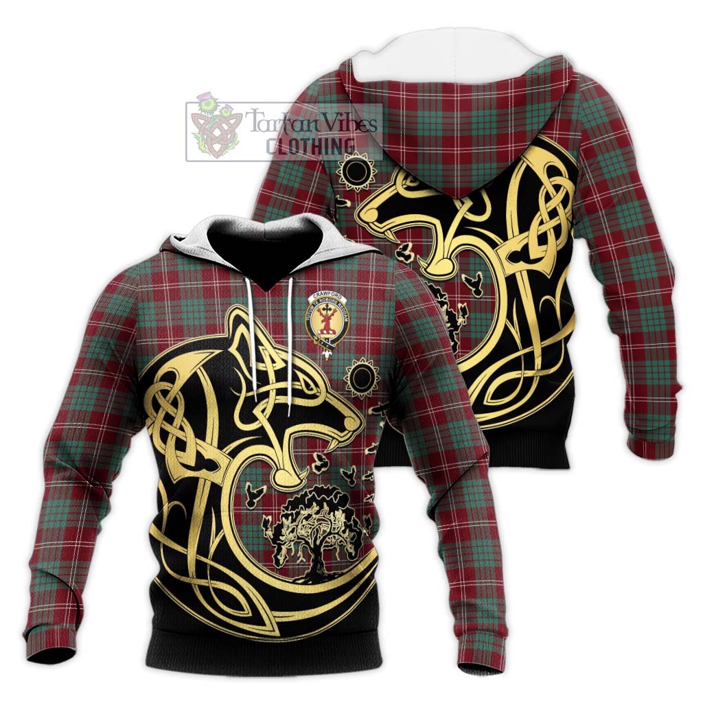 Tartan Vibes Clothing Crawford Modern Tartan Knitted Hoodie with Family Crest Celtic Wolf Style