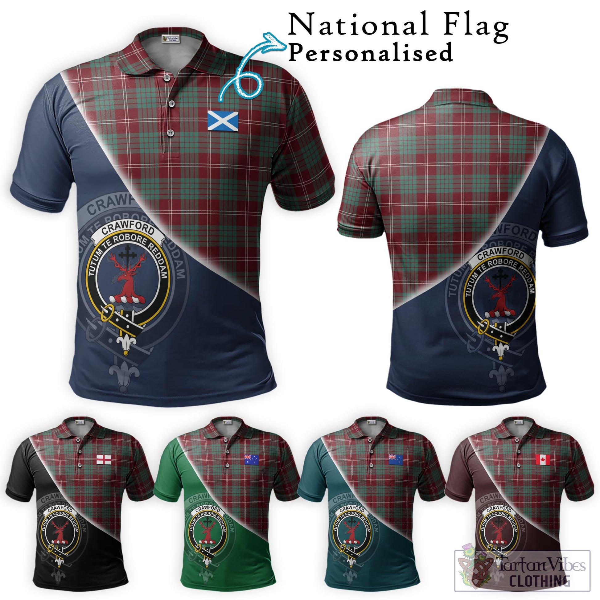 Tartan Vibes Clothing Crawford Modern Tartan Polo Shirt with Personalised National Flag and Family Crest Half Style