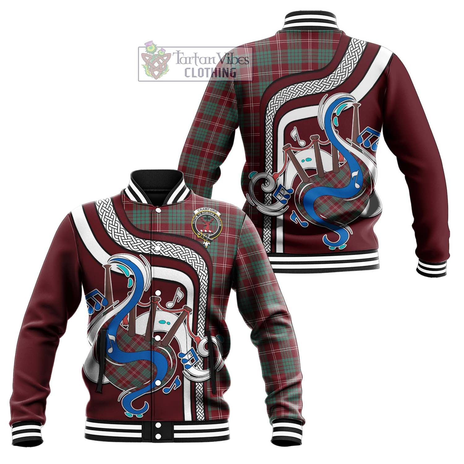 Tartan Vibes Clothing Crawford Modern Tartan Baseball Jacket with Epic Bagpipe Style