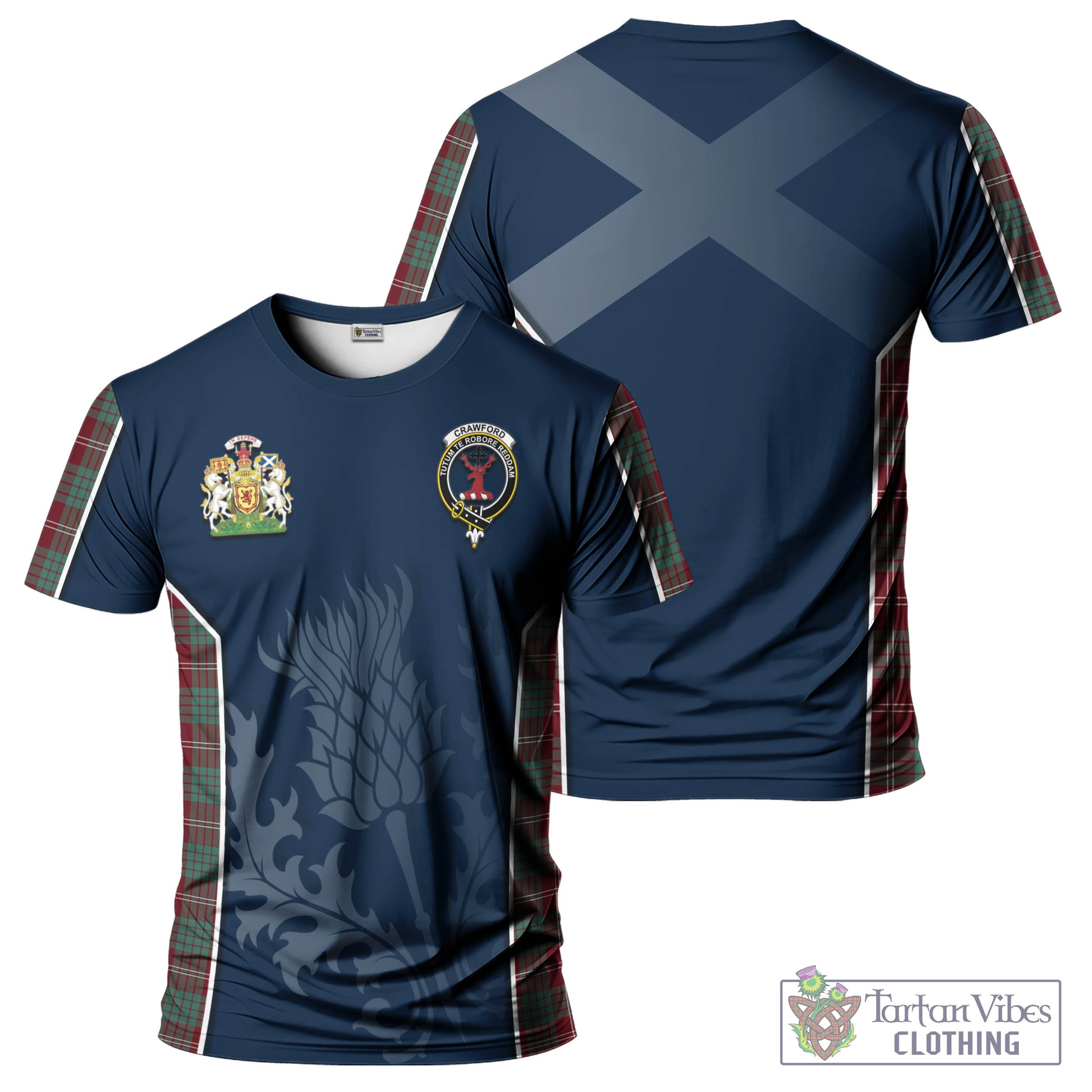 Tartan Vibes Clothing Crawford Modern Tartan T-Shirt with Family Crest and Scottish Thistle Vibes Sport Style