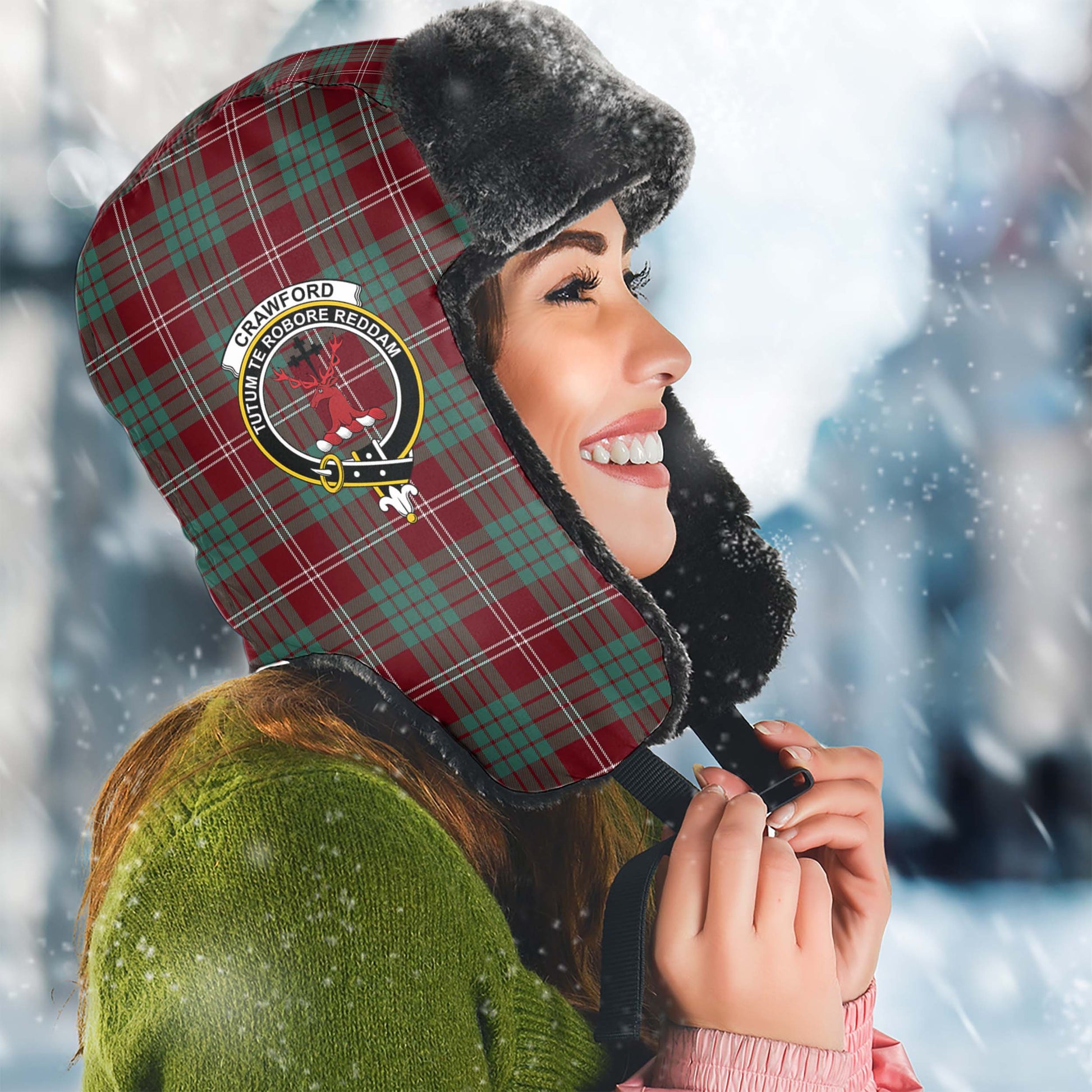 Crawford Modern Tartan Winter Trapper Hat with Family Crest Winter Trapper Hat Universal Fit Circumference 22.8in (58cm) - Tartanvibesclothing