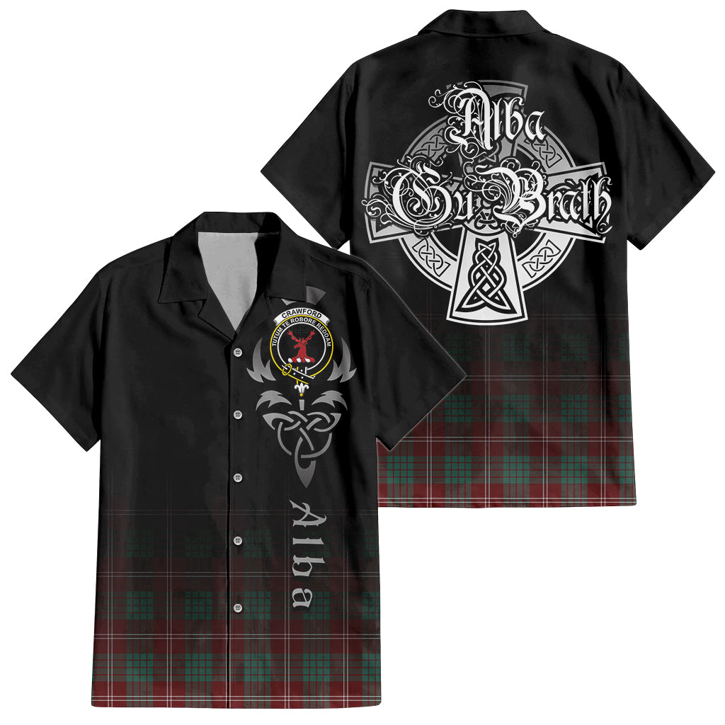 Tartan Vibes Clothing Crawford Modern Tartan Short Sleeve Button Up Featuring Alba Gu Brath Family Crest Celtic Inspired