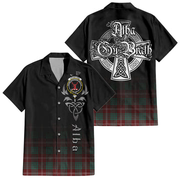 Crawford Modern Tartan Short Sleeve Button Up Shirt Featuring Alba Gu Brath Family Crest Celtic Inspired