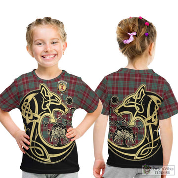 Crawford Modern Tartan Kid T-Shirt with Family Crest Celtic Wolf Style