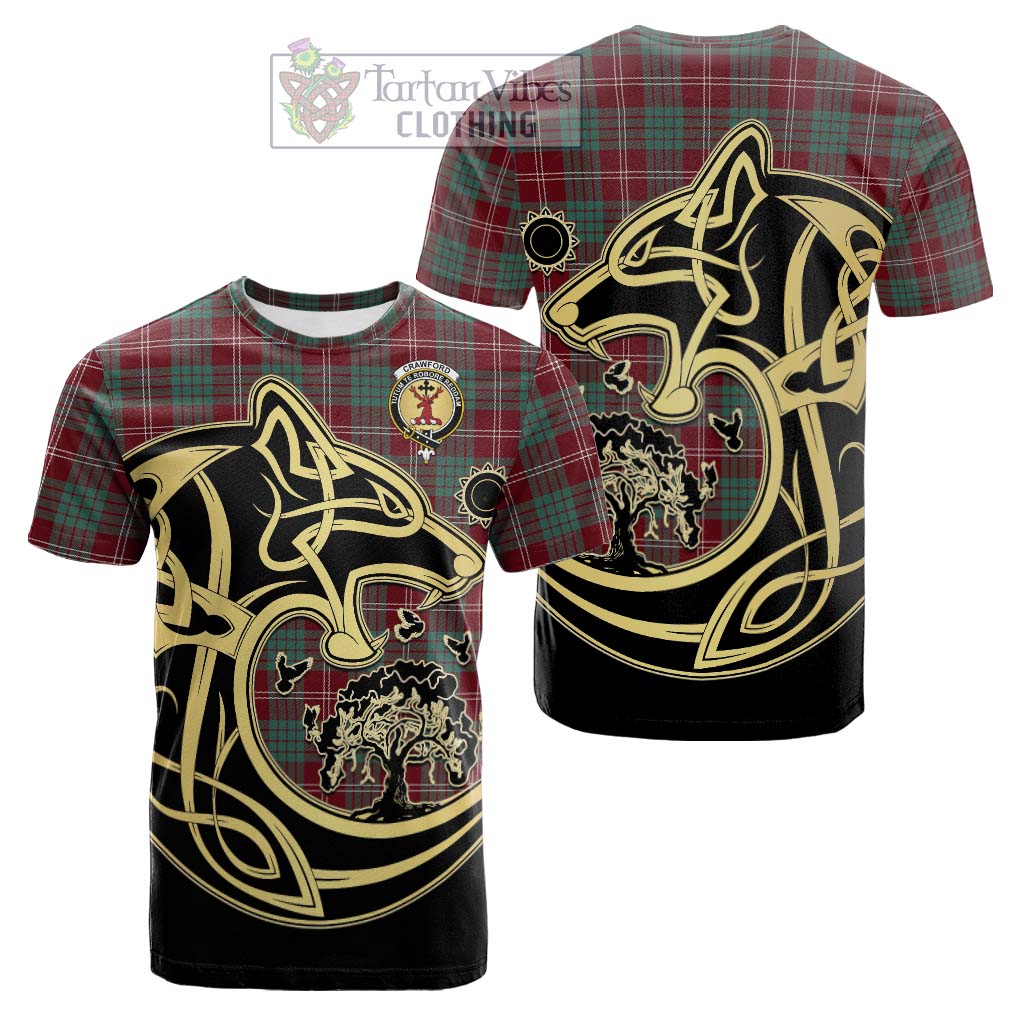 Tartan Vibes Clothing Crawford Modern Tartan Cotton T-shirt with Family Crest Celtic Wolf Style