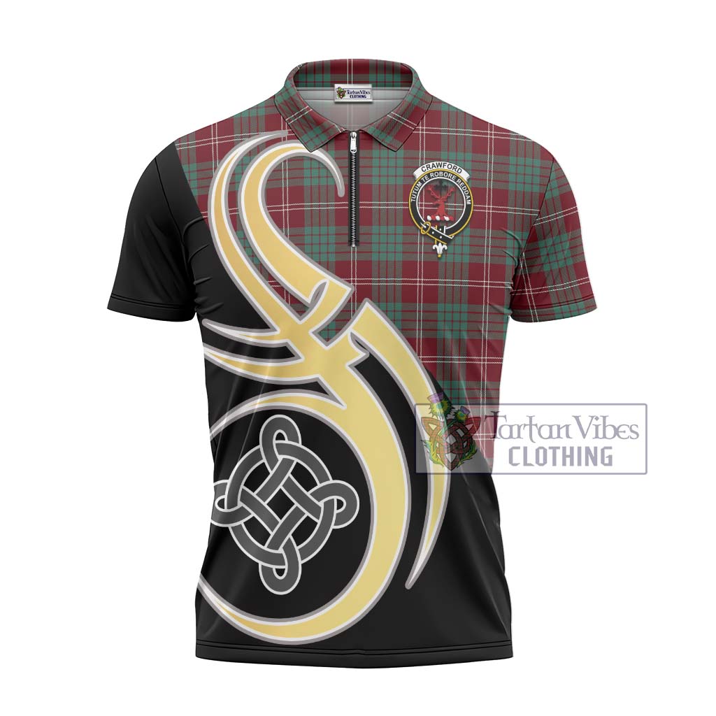 Tartan Vibes Clothing Crawford Modern Tartan Zipper Polo Shirt with Family Crest and Celtic Symbol Style