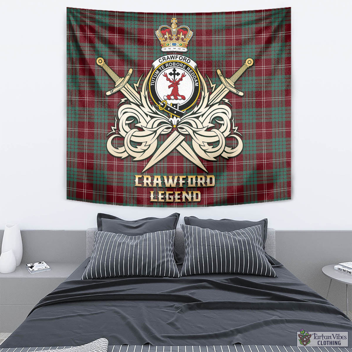 Tartan Vibes Clothing Crawford Modern Tartan Tapestry with Clan Crest and the Golden Sword of Courageous Legacy