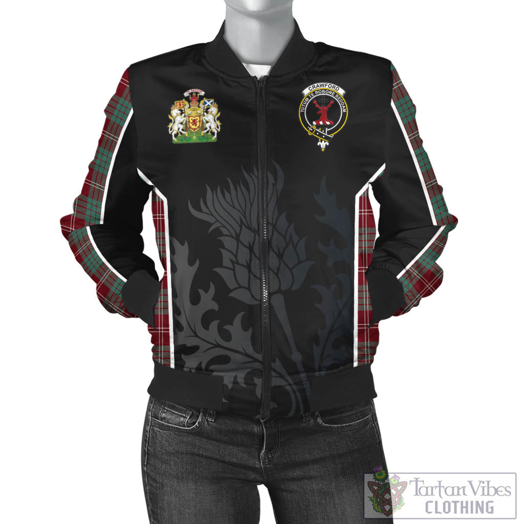 Tartan Vibes Clothing Crawford Modern Tartan Bomber Jacket with Family Crest and Scottish Thistle Vibes Sport Style