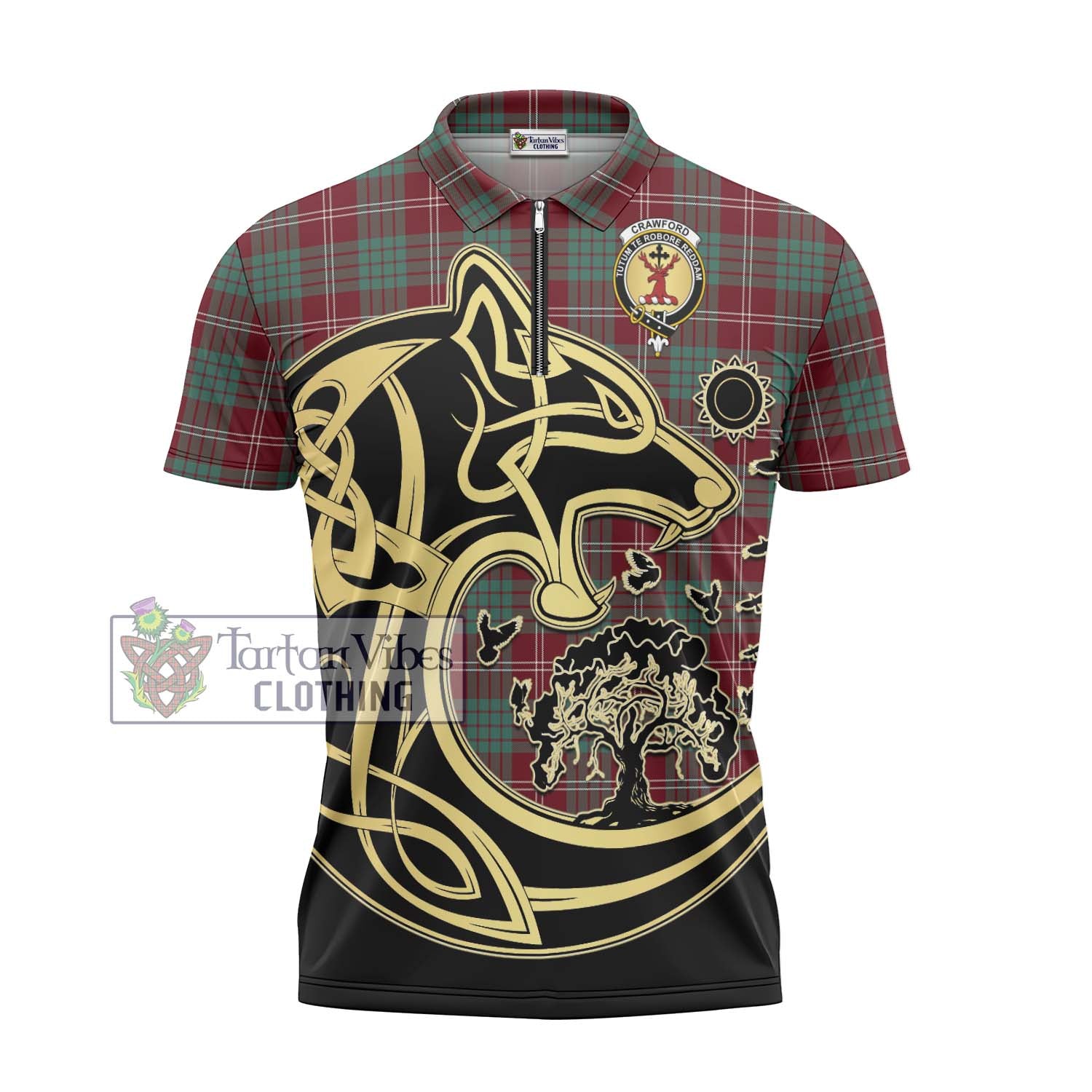 Tartan Vibes Clothing Crawford Modern Tartan Zipper Polo Shirt with Family Crest Celtic Wolf Style