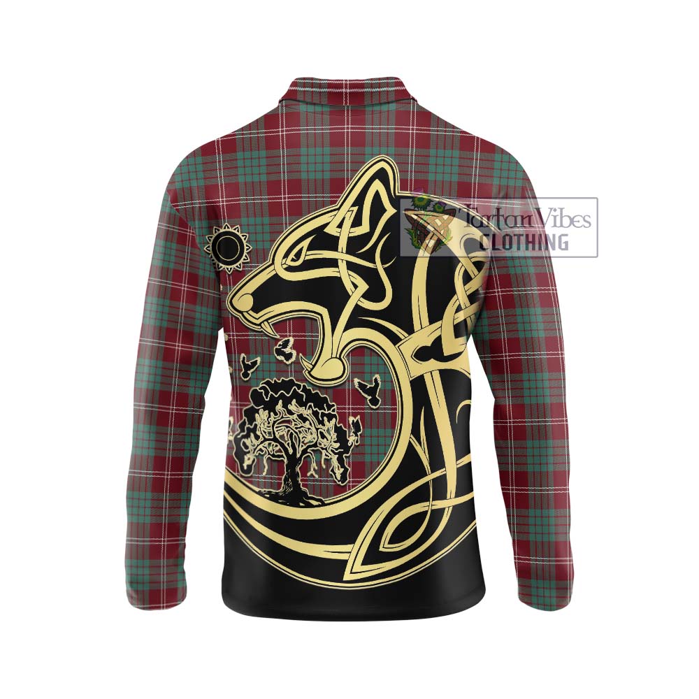 Tartan Vibes Clothing Crawford Modern Tartan Long Sleeve Polo Shirt with Family Crest Celtic Wolf Style