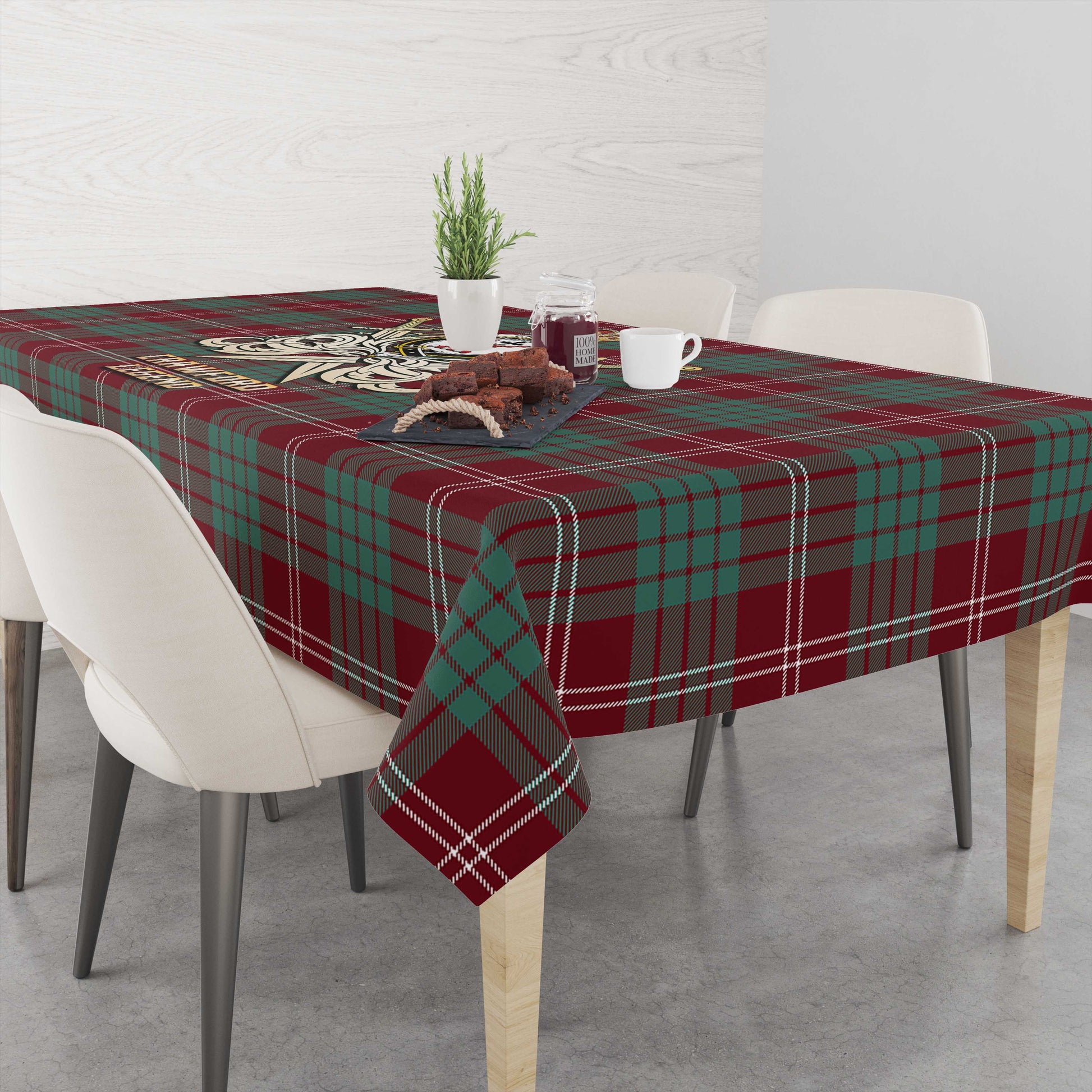 Tartan Vibes Clothing Crawford Modern Tartan Tablecloth with Clan Crest and the Golden Sword of Courageous Legacy