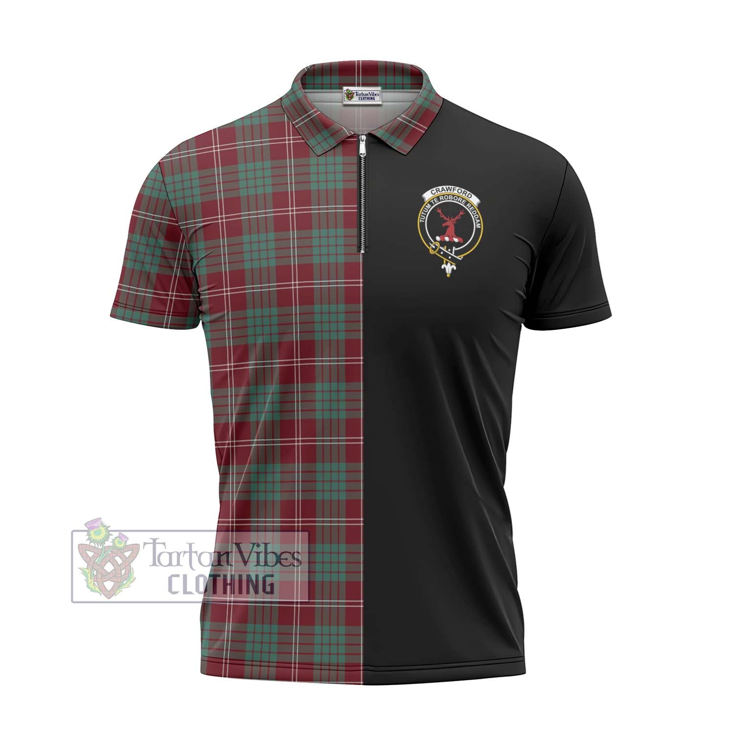 Tartan Vibes Clothing Crawford Modern Tartan Zipper Polo Shirt with Family Crest and Half Of Me Style