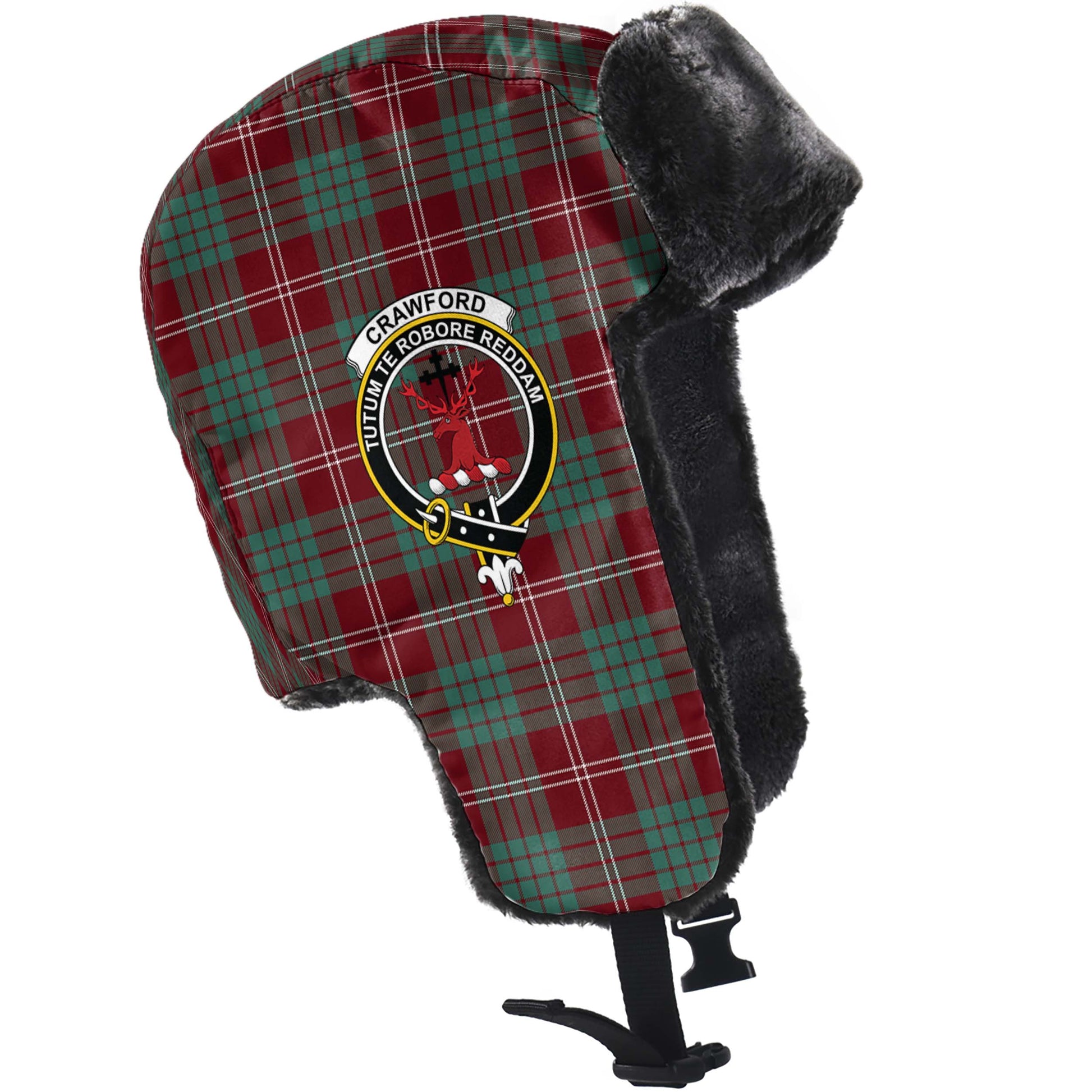 Crawford Modern Tartan Winter Trapper Hat with Family Crest - Tartanvibesclothing