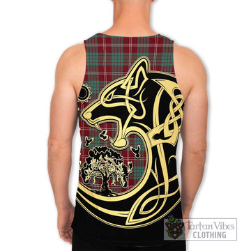 Crawford Modern Tartan Men's Tank Top with Family Crest Celtic Wolf Style