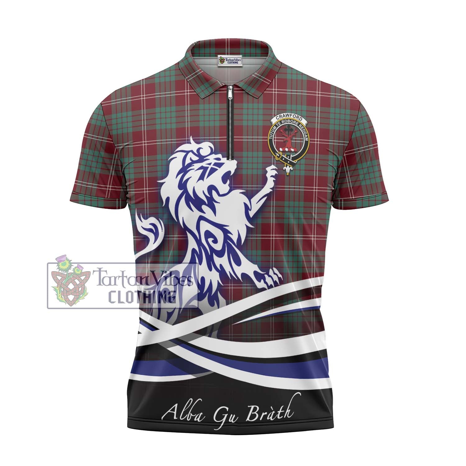 Tartan Vibes Clothing Crawford Modern Tartan Zipper Polo Shirt with Alba Gu Brath Regal Lion Emblem