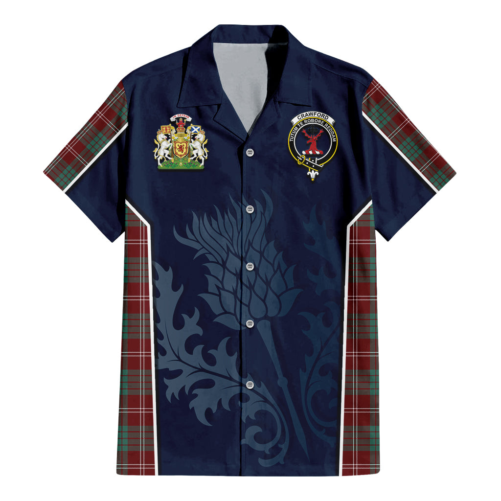 Tartan Vibes Clothing Crawford Modern Tartan Short Sleeve Button Up Shirt with Family Crest and Scottish Thistle Vibes Sport Style