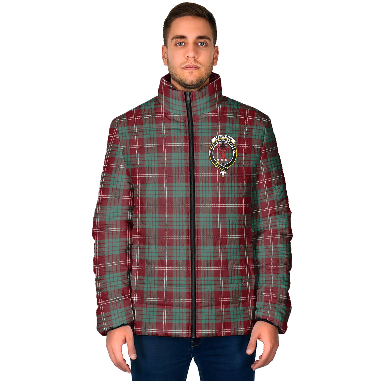 Crawford Modern Tartan Padded Jacket with Family Crest - Tartanvibesclothing