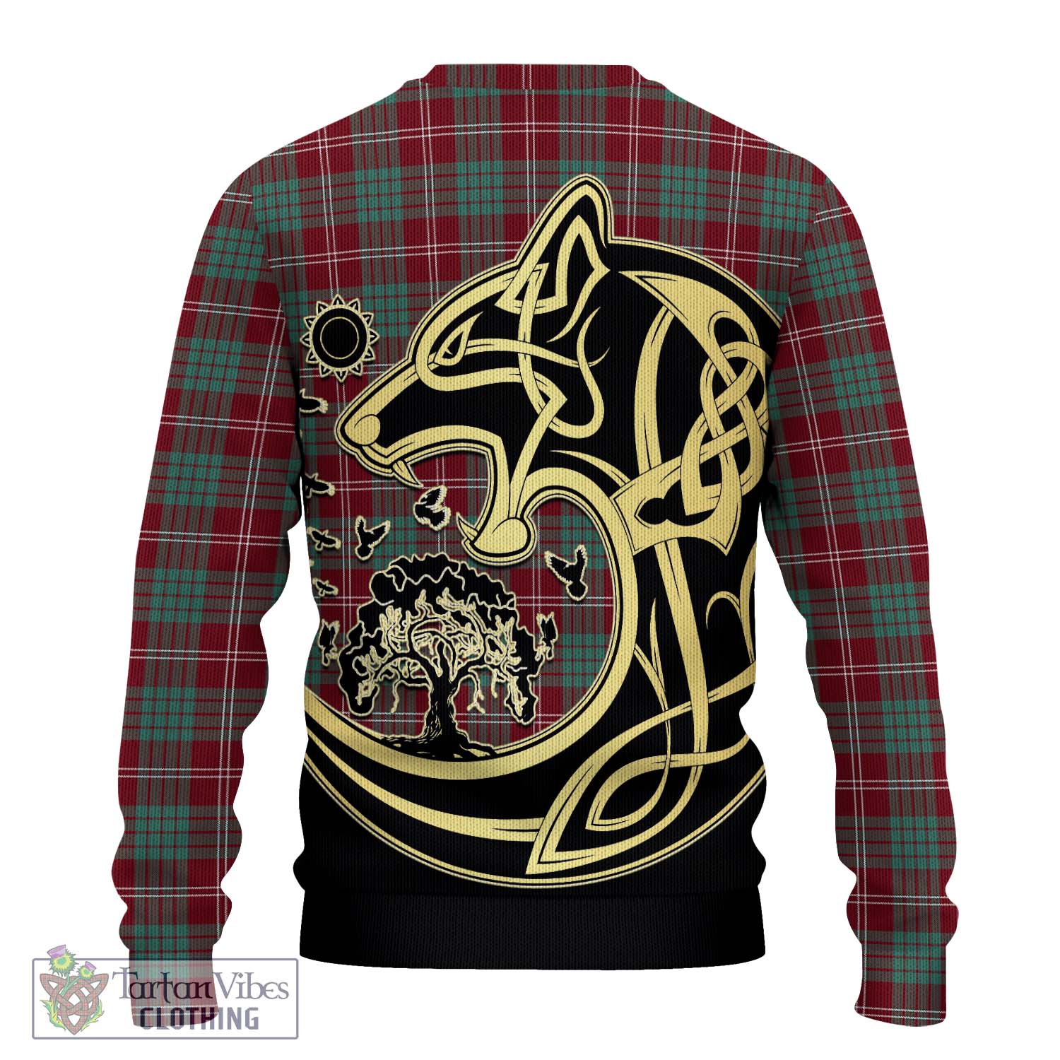 Tartan Vibes Clothing Crawford Modern Tartan Knitted Sweater with Family Crest Celtic Wolf Style