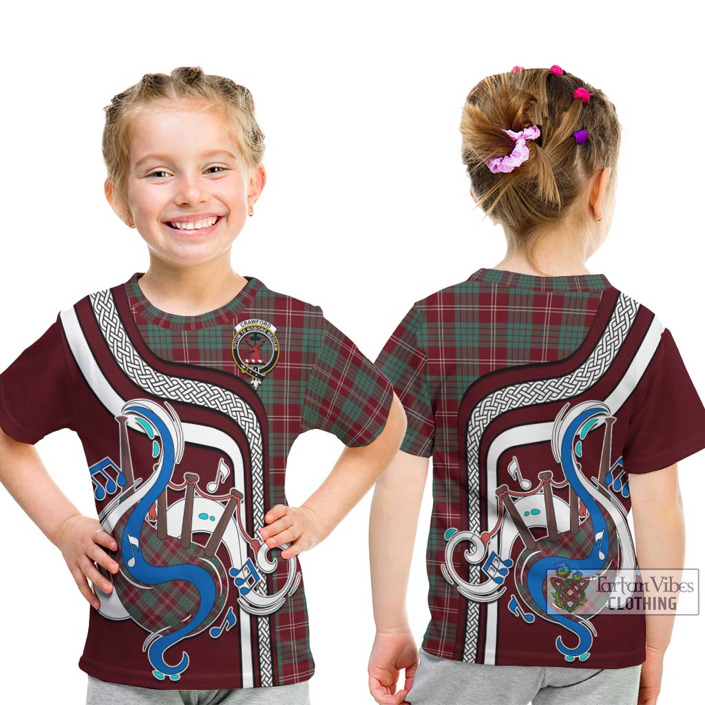 Tartan Vibes Clothing Crawford Modern Tartan Kid T-Shirt with Epic Bagpipe Style