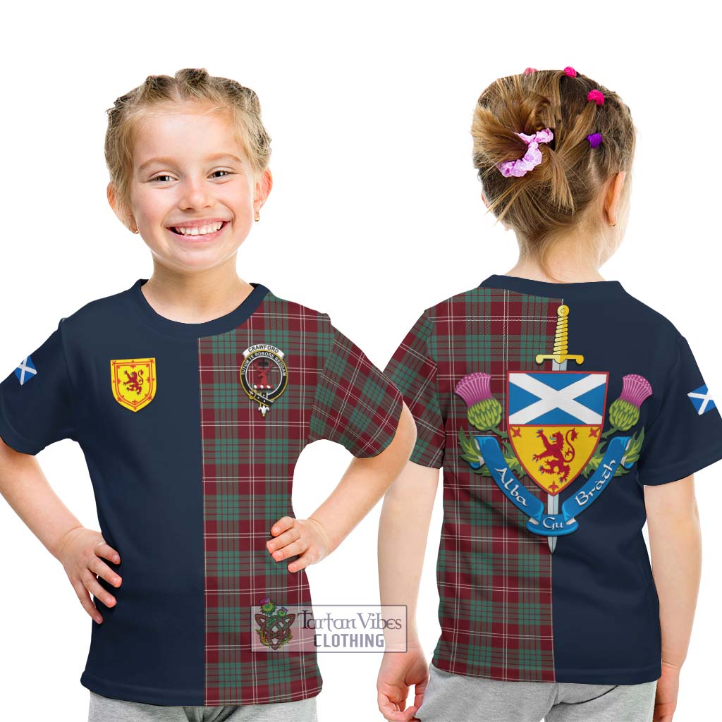 Tartan Vibes Clothing Crawford Modern Tartan Kid T-Shirt with Scottish Lion Royal Arm Half Style