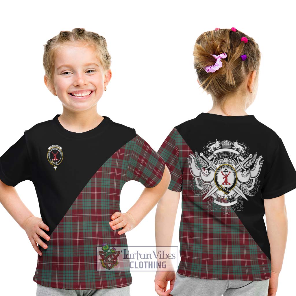 Tartan Vibes Clothing Crawford Modern Tartan Kid T-Shirt with Family Crest and Military Logo Style