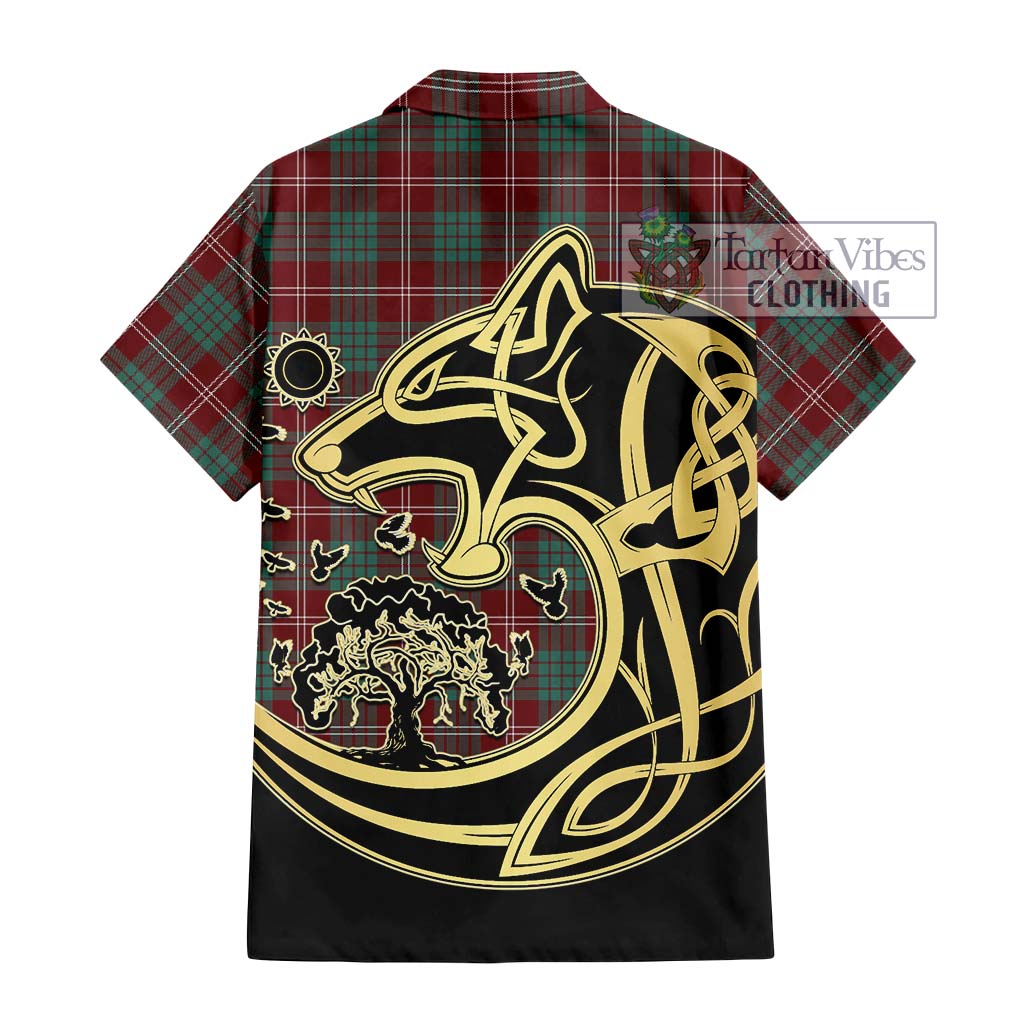 Tartan Vibes Clothing Crawford Modern Tartan Short Sleeve Button Shirt with Family Crest Celtic Wolf Style