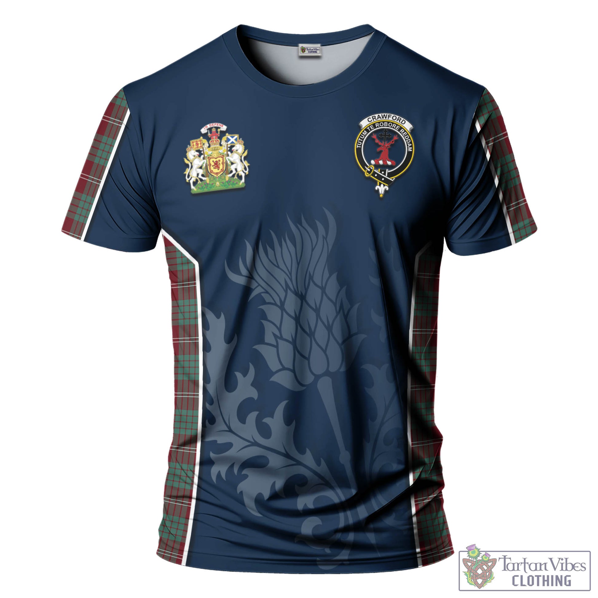 Tartan Vibes Clothing Crawford Modern Tartan T-Shirt with Family Crest and Scottish Thistle Vibes Sport Style