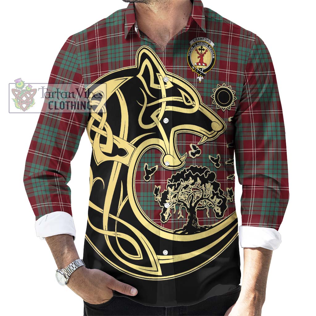 Tartan Vibes Clothing Crawford Modern Tartan Long Sleeve Button Shirt with Family Crest Celtic Wolf Style