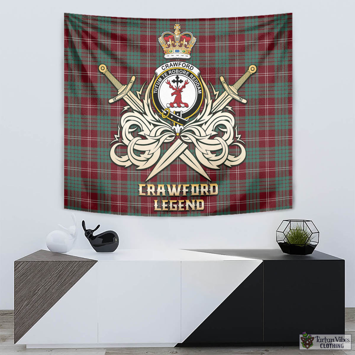 Tartan Vibes Clothing Crawford Modern Tartan Tapestry with Clan Crest and the Golden Sword of Courageous Legacy