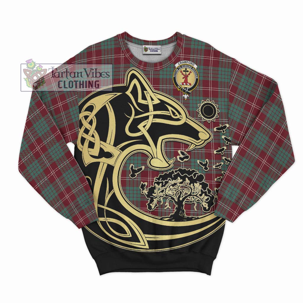 Tartan Vibes Clothing Crawford Modern Tartan Sweatshirt with Family Crest Celtic Wolf Style