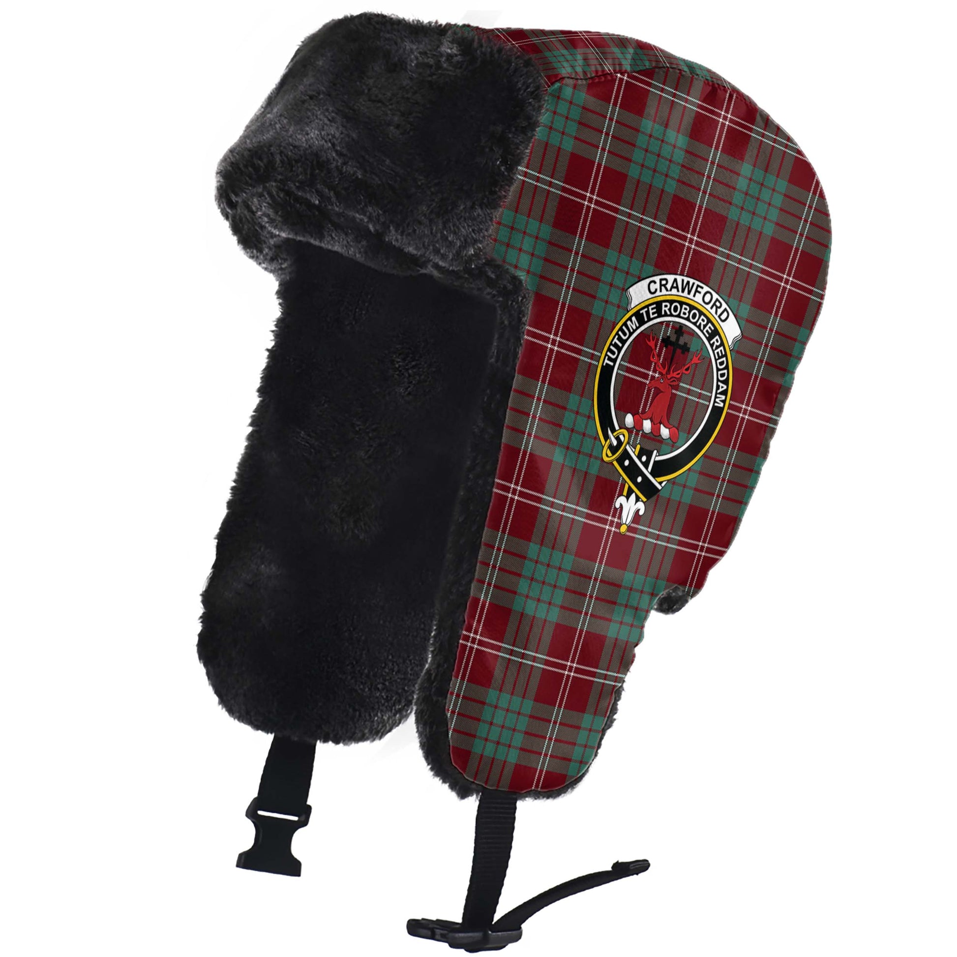 Crawford Modern Tartan Winter Trapper Hat with Family Crest - Tartanvibesclothing