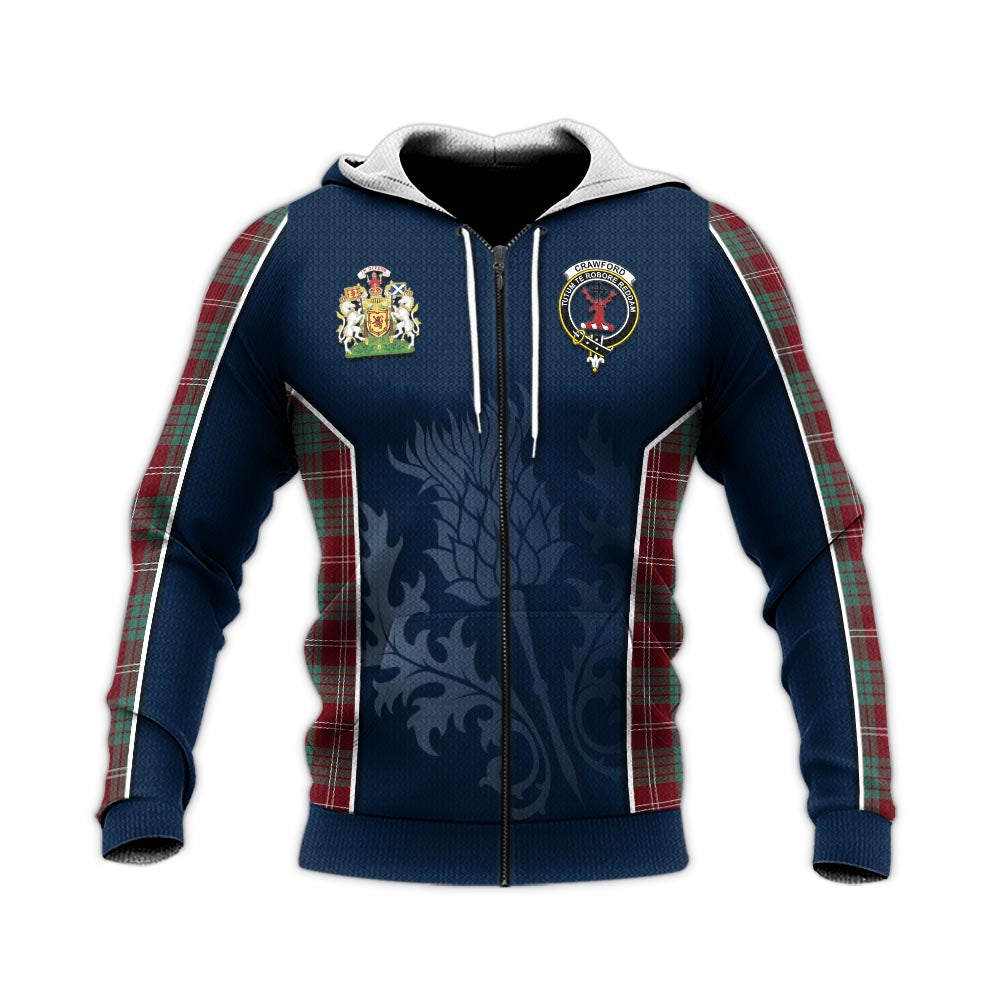 Tartan Vibes Clothing Crawford Modern Tartan Knitted Hoodie with Family Crest and Scottish Thistle Vibes Sport Style