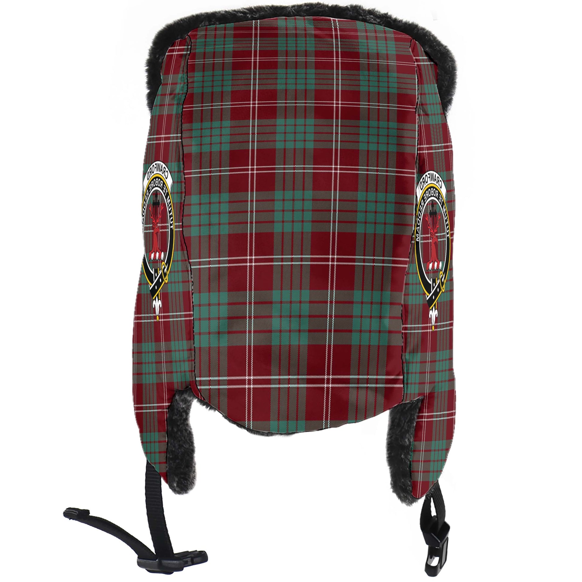 Crawford Modern Tartan Winter Trapper Hat with Family Crest - Tartanvibesclothing