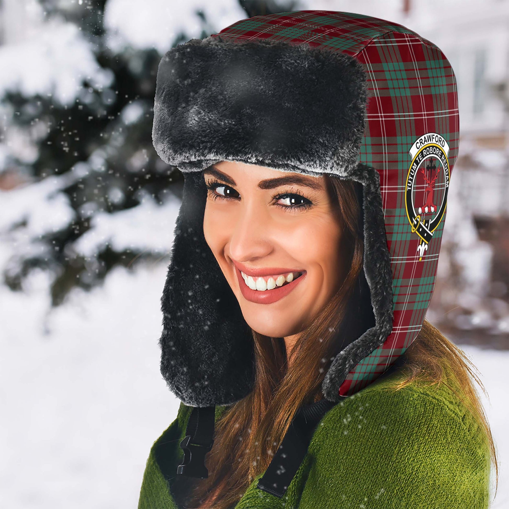 Crawford Modern Tartan Winter Trapper Hat with Family Crest - Tartanvibesclothing