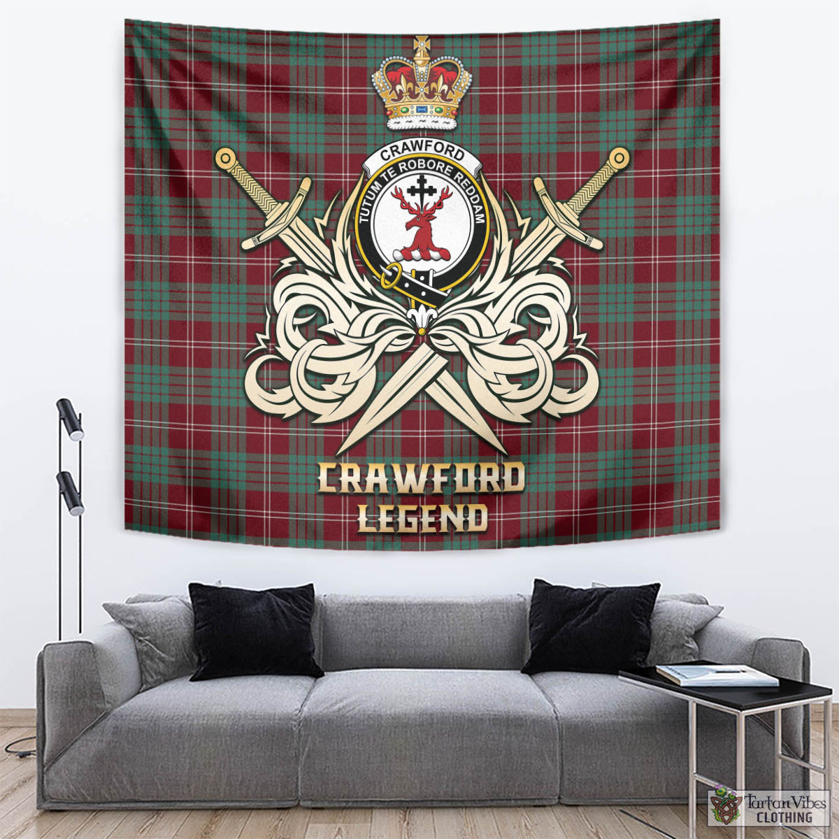 Tartan Vibes Clothing Crawford Modern Tartan Tapestry with Clan Crest and the Golden Sword of Courageous Legacy