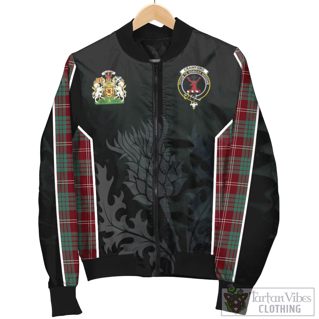 Tartan Vibes Clothing Crawford Modern Tartan Bomber Jacket with Family Crest and Scottish Thistle Vibes Sport Style