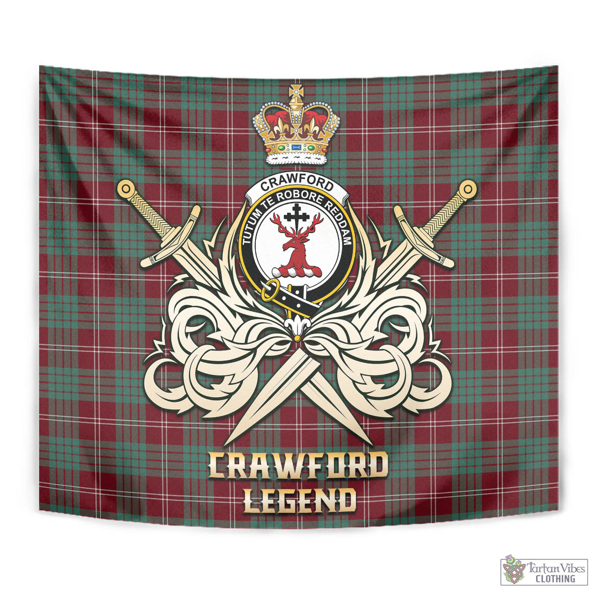 Tartan Vibes Clothing Crawford Modern Tartan Tapestry with Clan Crest and the Golden Sword of Courageous Legacy