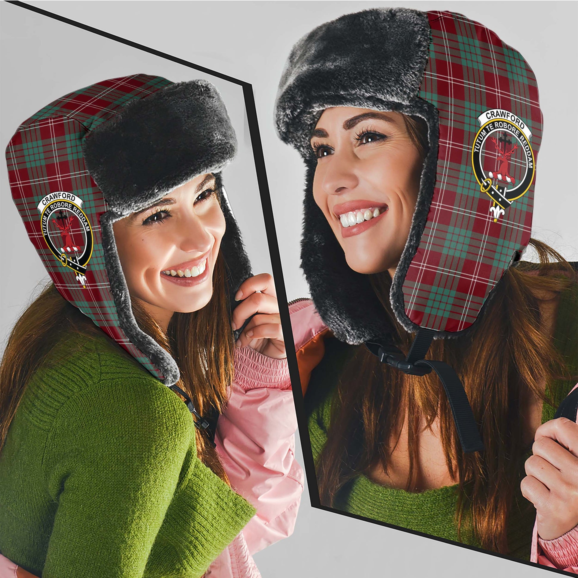 Crawford Modern Tartan Winter Trapper Hat with Family Crest - Tartanvibesclothing