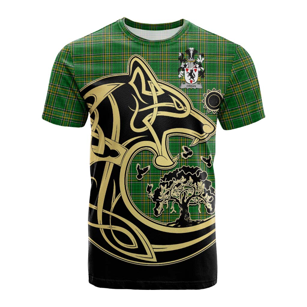 Tartan Vibes Clothing Crean Irish Tartan Cotton T-shirt with Coat of Arms Celtic Wolf Style