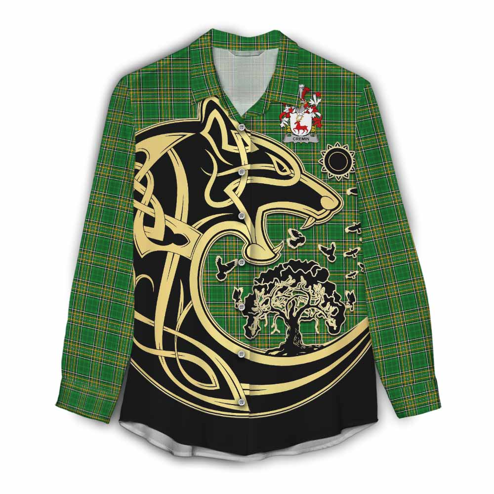 Tartan Vibes Clothing Cremin Irish Tartan Women's Casual Shirt with Coat of Arms Celtic Wolf Style