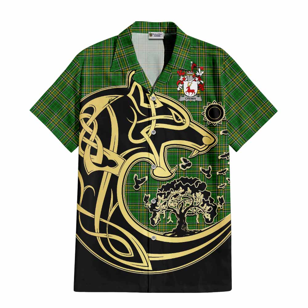 Tartan Vibes Clothing Cremin Irish Tartan Short Sleeve Button Shirt with Coat of Arms Celtic Wolf Style