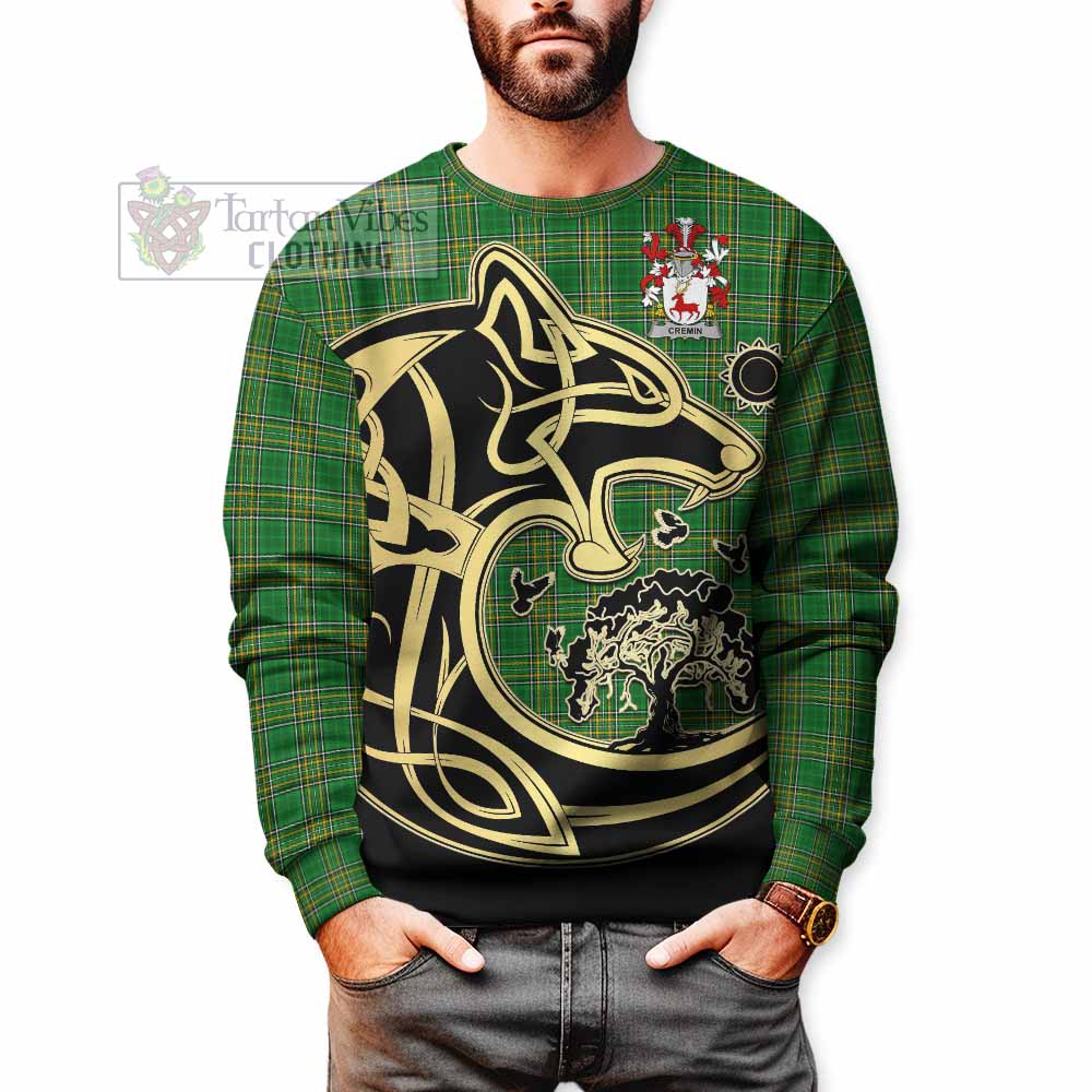 Tartan Vibes Clothing Cremin Irish Tartan Sweatshirt with Coat of Arms Celtic Wolf Style